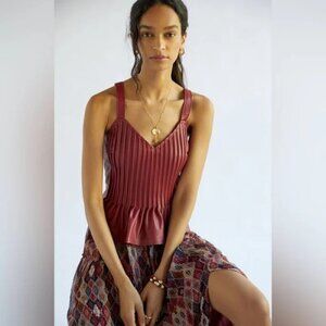 Anthropologie LetMeBe Faux Leather Red Pleated Pintuck Cami Tank